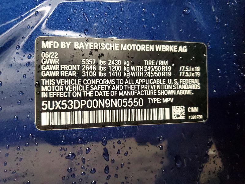 47930036 :رقم المزاد ، 5UX53DP00N9N05550 vin ، 2022 Bmw X3 مزاد بيع