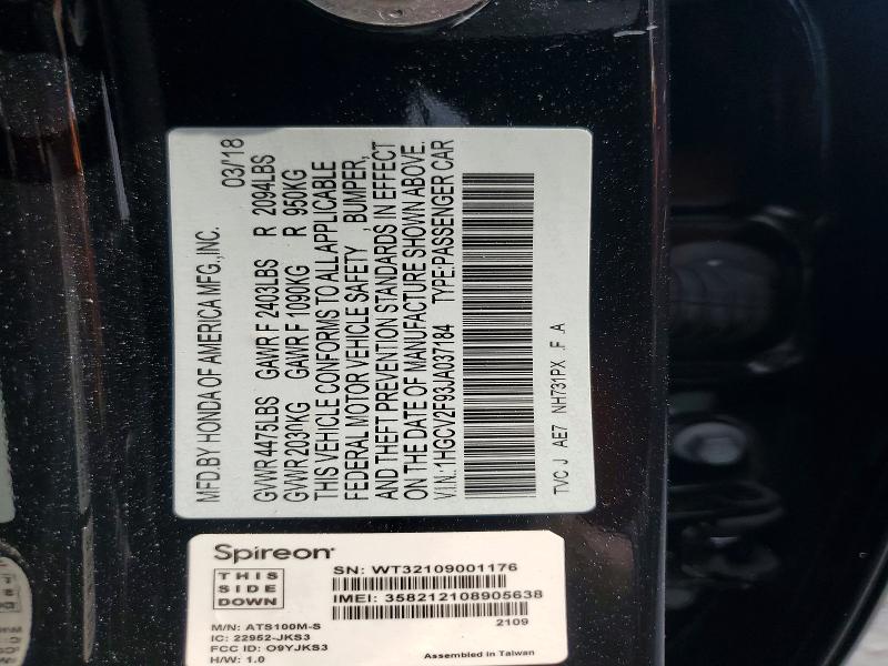 Продаж на аукціоні авто 2018 Honda Accord, vin: 1HGCV2F93JA037184, номер лоту: 51182646