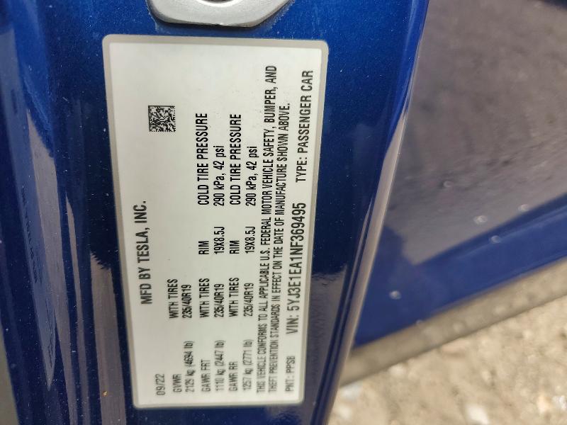 51532186 :رقم المزاد ، 5YJ3E1EA1NF369495 vin ، 2022 Tesla Model 3 مزاد بيع