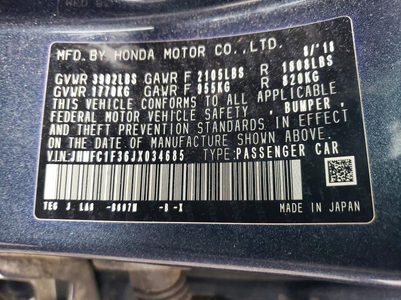 Продаж на аукціоні авто 2018 Honda Civic, vin: JHMFC1F36JX034685, номер лоту: 50721016