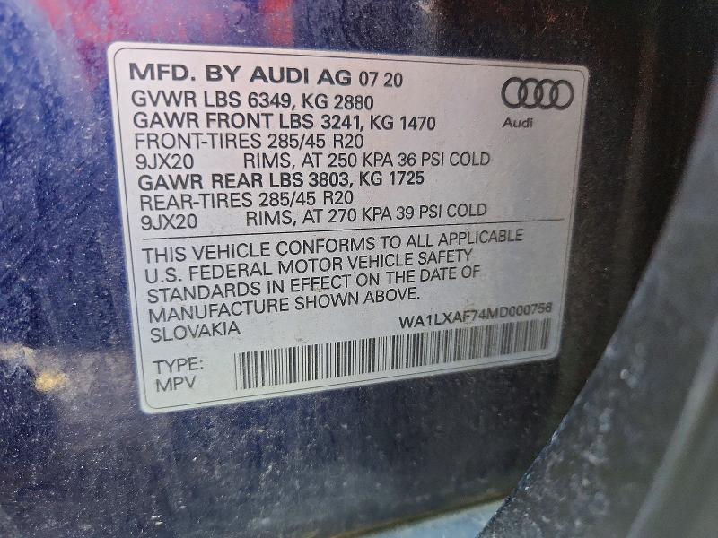 Aukcja sprzedaży 2021 Audi Q7, vin: WA1LXAF74MD000756, numer aukcji: 49302596