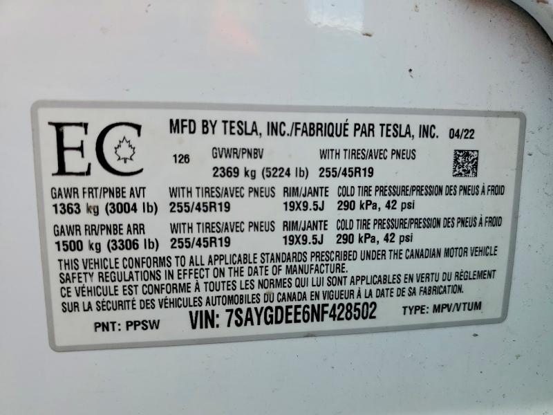 50384086 :رقم المزاد ، 7SAYGDEE6NF428502 vin ، 2022 Tesla Model Y مزاد بيع