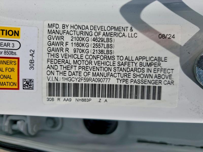 49196496 :رقم المزاد ، 1HGCY2F59RA090777 vin ، 2024 Honda Accord مزاد بيع