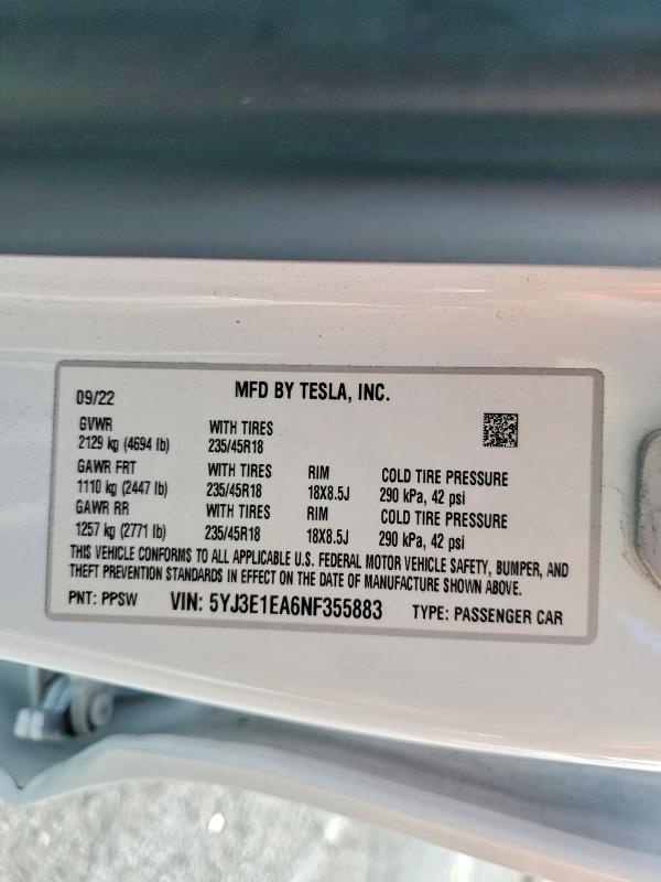 Aukcja sprzedaży 2022 Tesla Model 3, vin: 5YJ3E1EA6NF355883, numer aukcji: 50519746