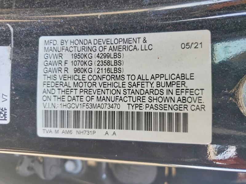 Продаж на аукціоні авто 2021 Honda Accord, vin: 1HGCV1F53MA073470, номер лоту: 50004016