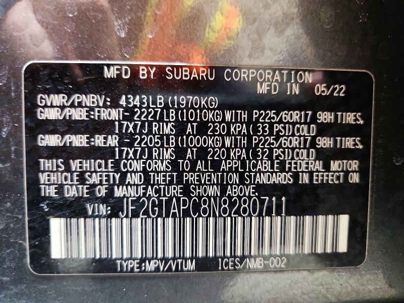 49180956 :رقم المزاد ، JF2GTAPC8N8280711 vin ، 2022 Subaru Crosstrek مزاد بيع