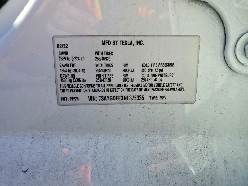 Aukcja sprzedaży 2022 Tesla Model Y, vin: 7SAYGDEEXNF375335, numer aukcji: 48999276