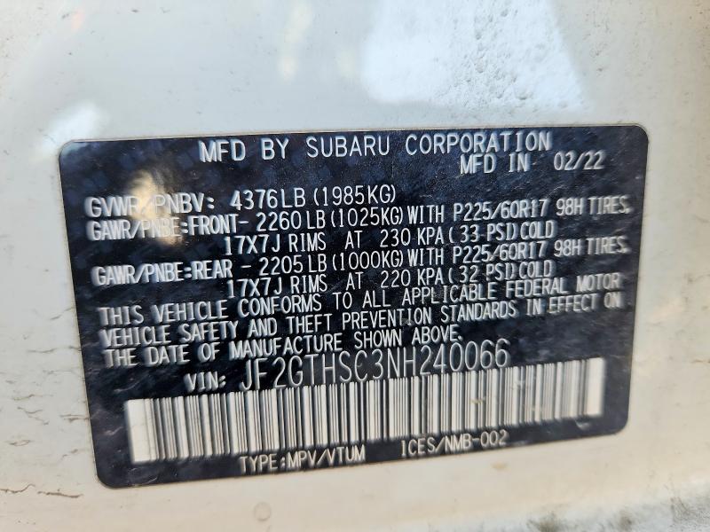 Aukcja sprzedaży 2022 Subaru Crosstrek, vin: JF2GTHSC3NH240066, numer aukcji: 51395526