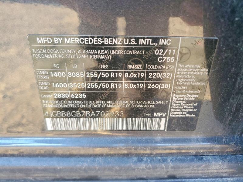 2011 Mercedes-benz Ml მანქანა იყიდება აუქციონზე, vin: 4JGBB8GB7BA702933, აუქციონის ნომერი: 49045006
