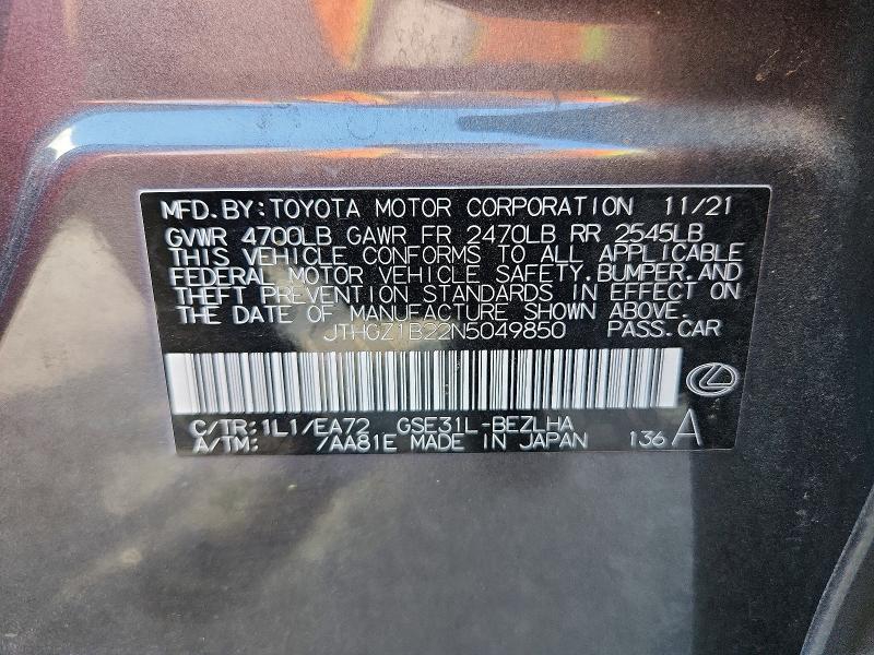 Aukcja sprzedaży 2022 Lexus Is, vin: JTHGZ1B22N5049850, numer aukcji: 49997806