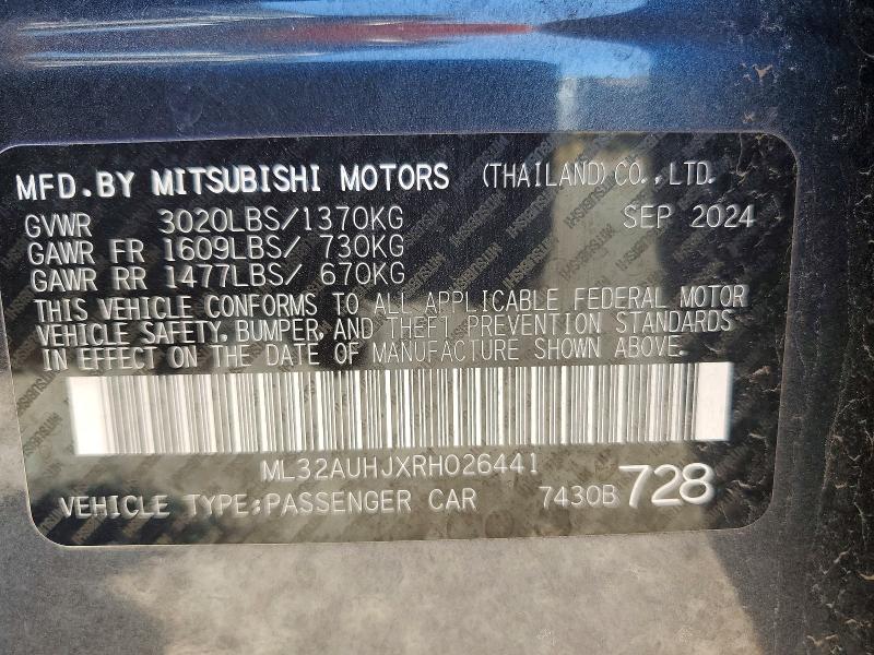 48541126 :رقم المزاد ، ML32AUHJXRH026441 vin ، 2024 Mitsubishi Mirage مزاد بيع
