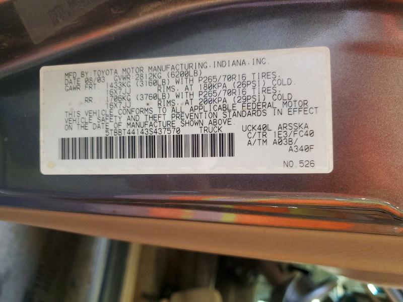 Aukcja sprzedaży 2003 Toyota Tundra, vin: 5TBBT44143S437570, numer aukcji: 50895526