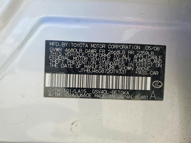 51025046 :رقم المزاد ، JTHBJ46G872019331 vin ، 2007 Lexus Es مزاد بيع
