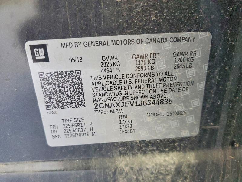 Продажа на аукционе авто 2018 Chevrolet Equinox, vin: 2GNAXJEV1J6344835, номер лота: 50167826