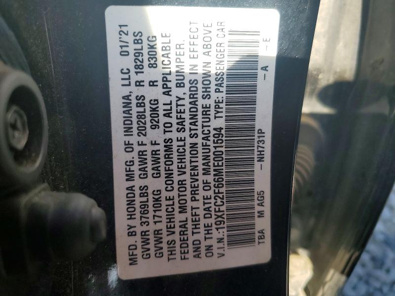 50735726 :رقم المزاد ، 19XFC2F66ME001594 vin ، 2021 Honda Civic مزاد بيع