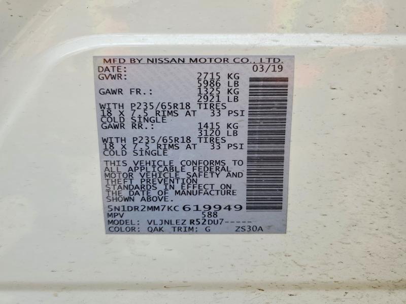 Aukcja sprzedaży 2019 Nissan Pathfinder, vin: 5N1DR2MM7KC619949, numer aukcji: 51209306