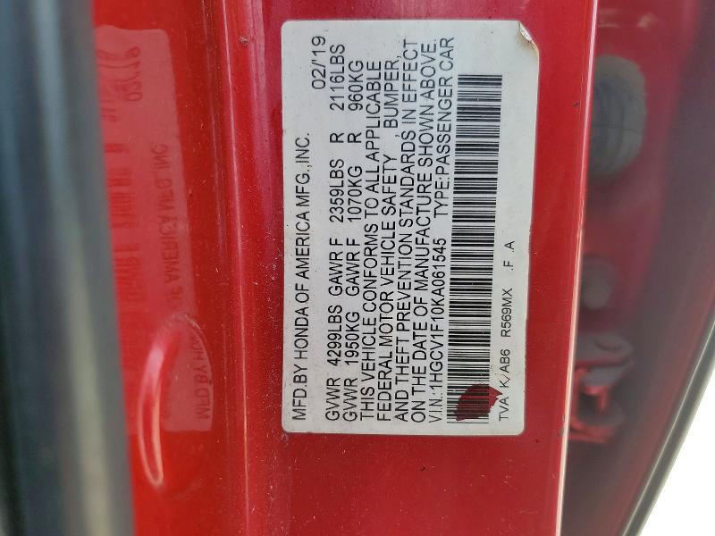 Aukcja sprzedaży 2019 Honda Accord, vin: 1HGCV1F10KA061545, numer aukcji: 50494096