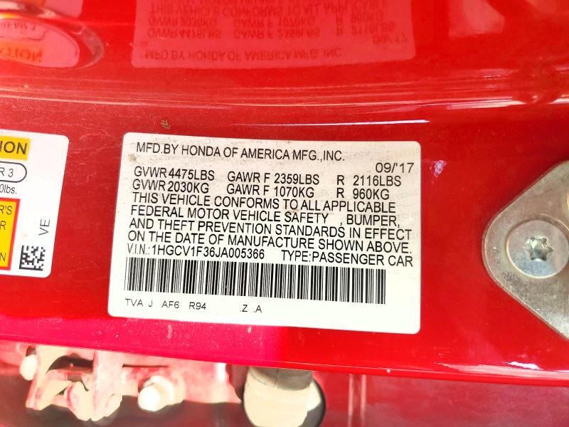 Продажа на аукционе авто 2018 Honda Accord, vin: 1HGCV1F36JA005366, номер лота: 49672426