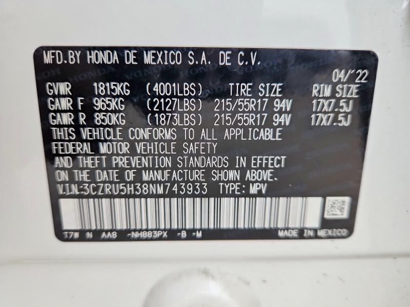 Aukcja sprzedaży 2022 Honda Hr-v, vin: 3CZRU5H38NM743933, numer aukcji: 52066236