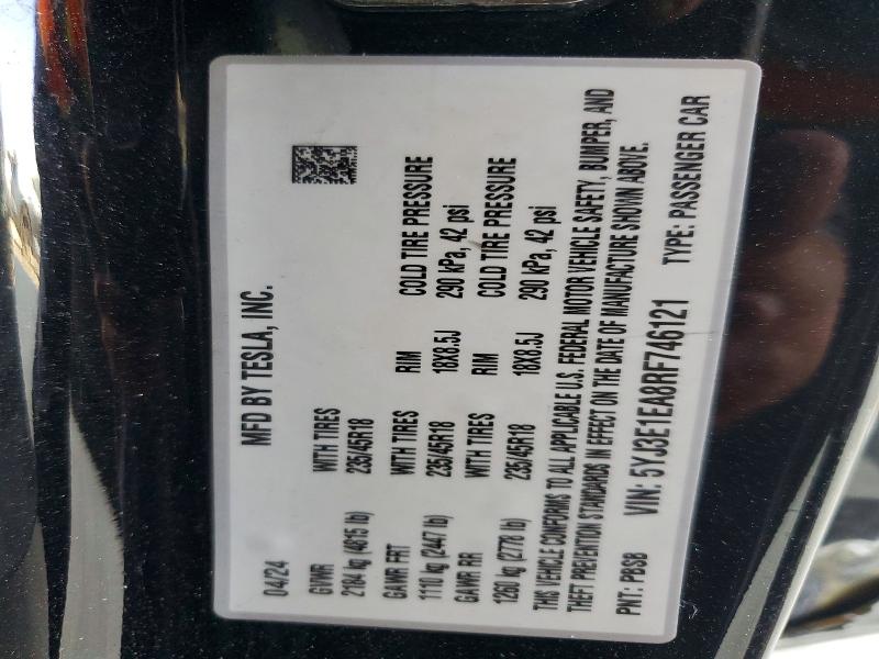 49136836 :رقم المزاد ، 5YJ3E1EA8RF746121 vin ، 2024 Tesla Model 3 مزاد بيع