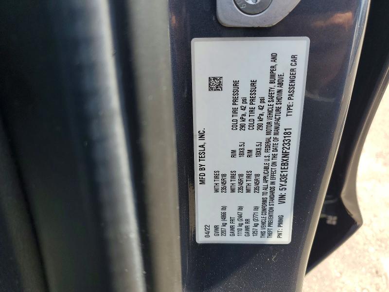 Продажа на аукционе авто 2022 Tesla Model 3, vin: 5YJ3E1EBXNF233181, номер лота: 49285986
