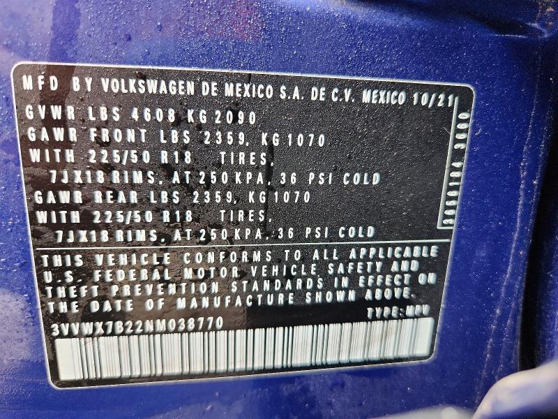 Aukcja sprzedaży 2022 Volkswagen Taos, vin: 3VVWX7B22NM038770, numer aukcji: 48134046