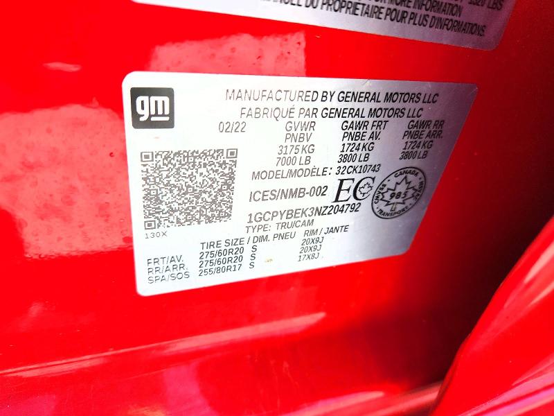 51756976 :رقم المزاد ، 1GCPYBEK3NZ204792 vin ، 2022 Chevrolet Silverado Ltd مزاد بيع