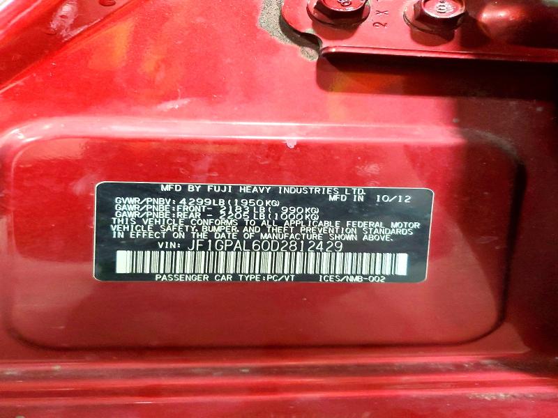 2013 Subaru Impreza მანქანა იყიდება აუქციონზე, vin: JF1GPAL60D2812429, აუქციონის ნომერი: 50311686