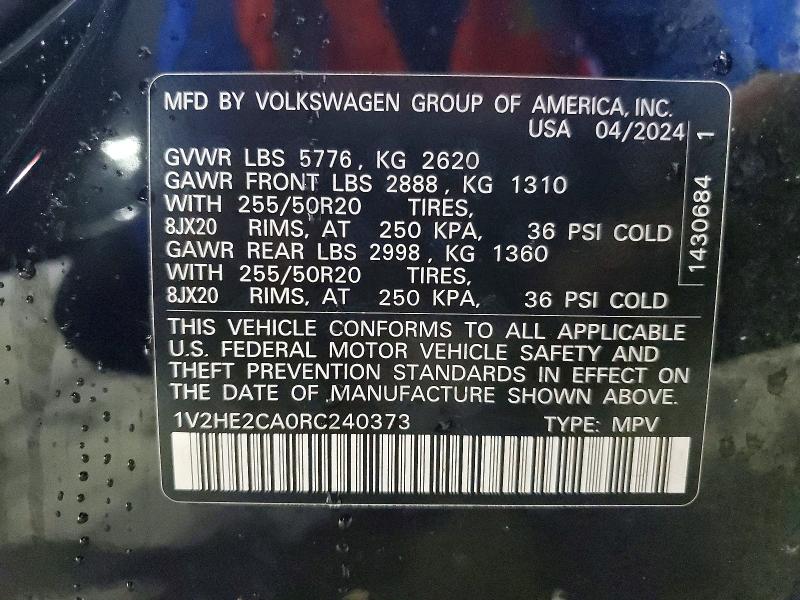 2024 Volkswagen Atlas Cross Sport მანქანა იყიდება აუქციონზე, vin: 1V2HE2CA0RC240373, აუქციონის ნომერი: 50120546