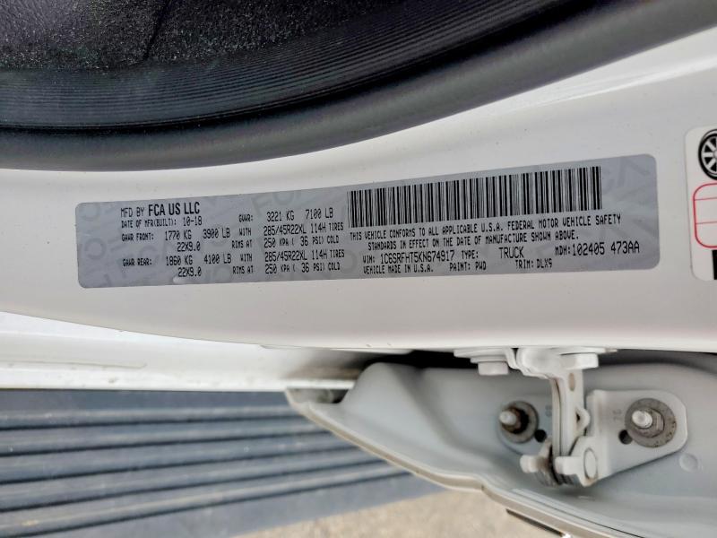 2019 Ram 1500 მანქანა იყიდება აუქციონზე, vin: 1C6SRFHT5KN674917, აუქციონის ნომერი: 51790506