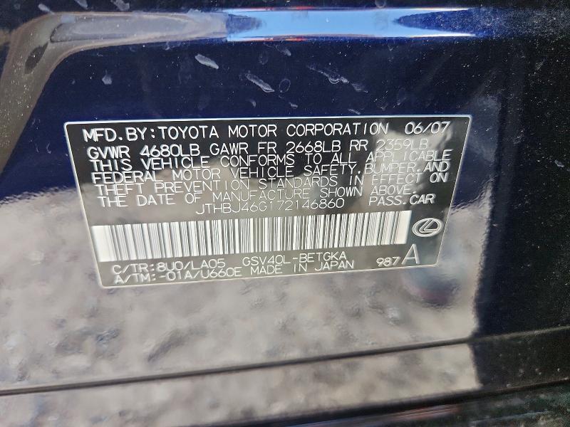 Aukcja sprzedaży 2007 Lexus Es, vin: JTHBJ46G172146860, numer aukcji: 50177306