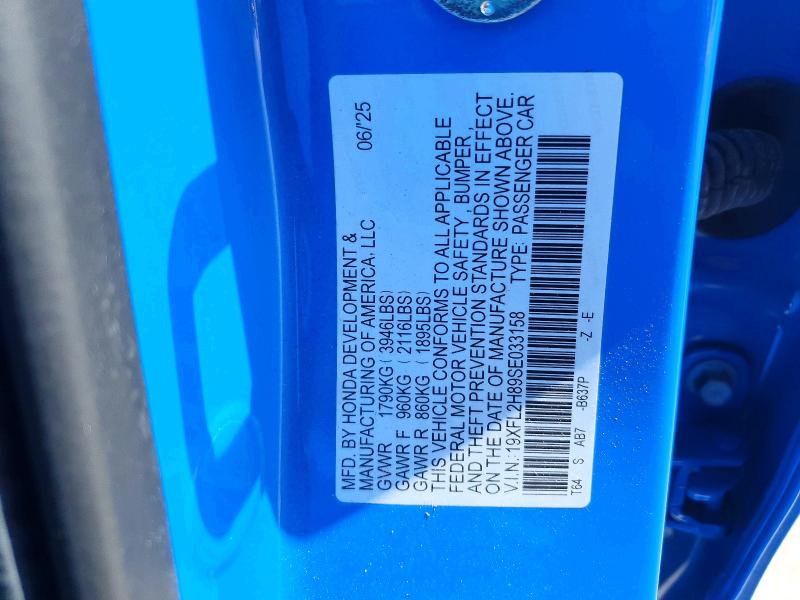 2025 Honda Civic მანქანა იყიდება აუქციონზე, vin: 19XFL2H89SE033158, აუქციონის ნომერი: 49966946