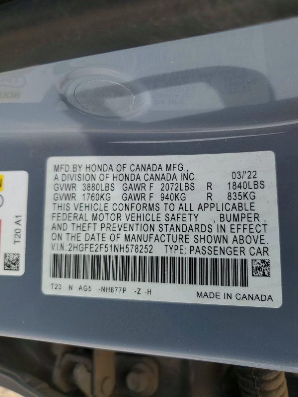 2022 Honda Civic მანქანა იყიდება აუქციონზე, vin: 2HGFE2F51NH578252, აუქციონის ნომერი: 49927536