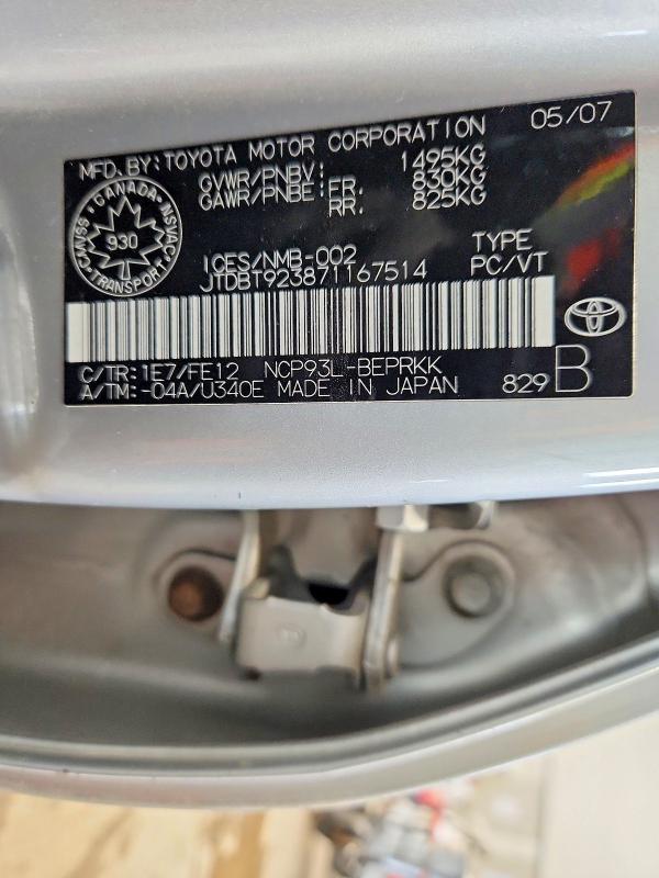 49340946 :رقم المزاد ، JTDBT923871167514 vin ، 2007 Toyota Yaris مزاد بيع
