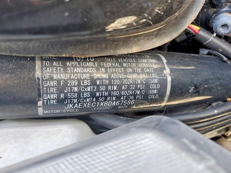 50989986 :رقم المزاد ، JKAEXEC1XBDA67586 vin ، 2011 Kawasaki Ex650 مزاد بيع