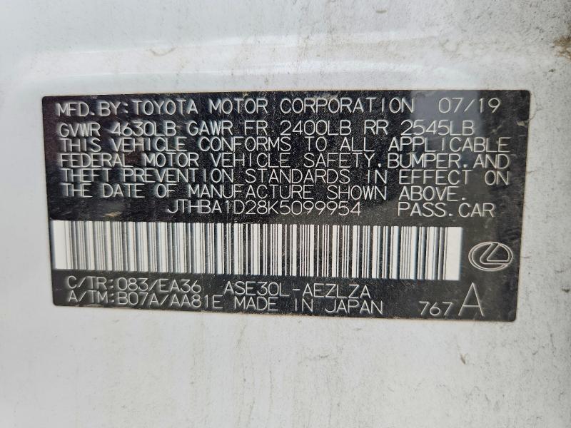 Aukcja sprzedaży 2019 Lexus Is, vin: JTHBA1D28K5099954, numer aukcji: 51358826