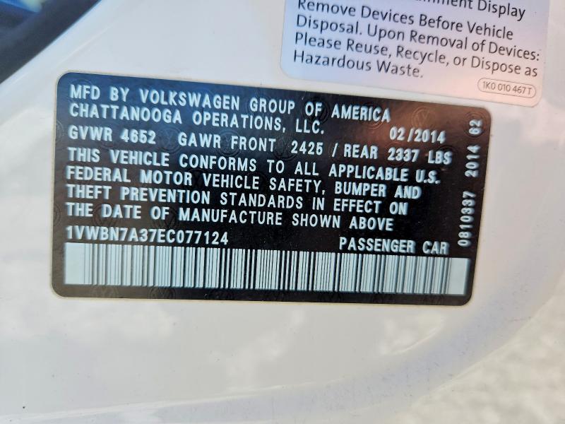 51373996 :رقم المزاد ، 1VWBN7A37EC077124 vin ، 2014 Volkswagen Passat مزاد بيع
