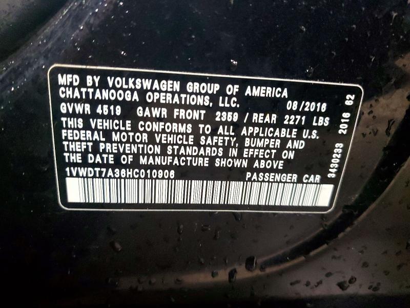 Aukcja sprzedaży 2017 Volkswagen Passat, vin: 1VWDT7A36HC010906, numer aukcji: 51257026