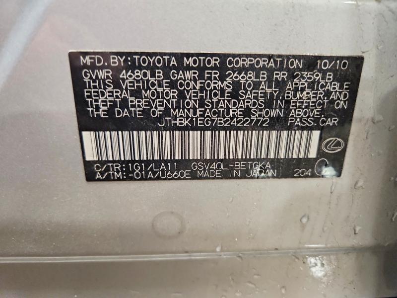 51037856 :رقم المزاد ، JTHBK1EG7B2422772 vin ، 2011 Lexus Es مزاد بيع
