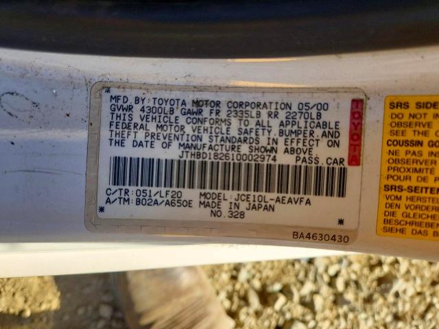 Aukcja sprzedaży 2001 Lexus Is, vin: JTHBD182610002974, numer aukcji: 49973586