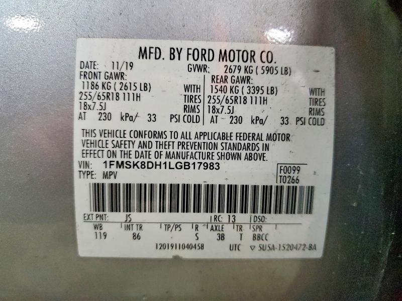 50757726 :رقم المزاد ، 1FMSK8DH1LGB17983 vin ، 2020 Ford Explorer مزاد بيع