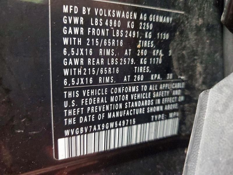 48299346 :رقم المزاد ، WVGBV7AX9GW549715 vin ، 2016 Volkswagen Tiguan مزاد بيع