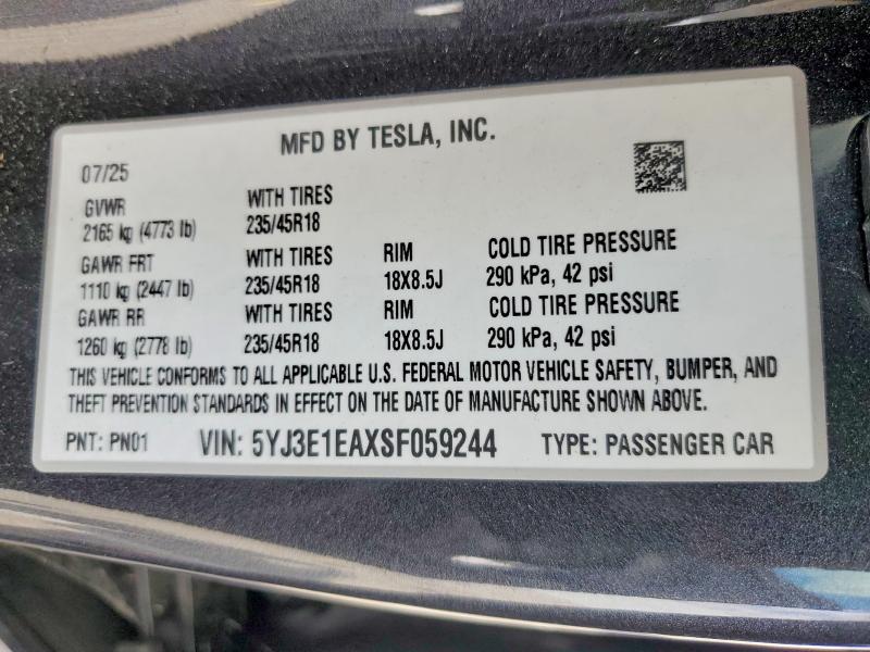 Продажа на аукционе авто 2025 Tesla Model 3, vin: 5YJ3E1EAXSF059244, номер лота: 48170316