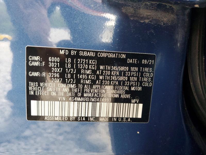 49816566 :رقم المزاد ، 4S4WMARD7M3474991 vin ، 2021 Subaru Ascent مزاد بيع
