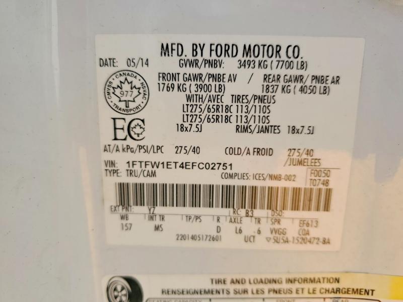 Aukcja sprzedaży 2014 Ford F150, vin: 1FTFW1ET4EFC02751, numer aukcji: 50805756