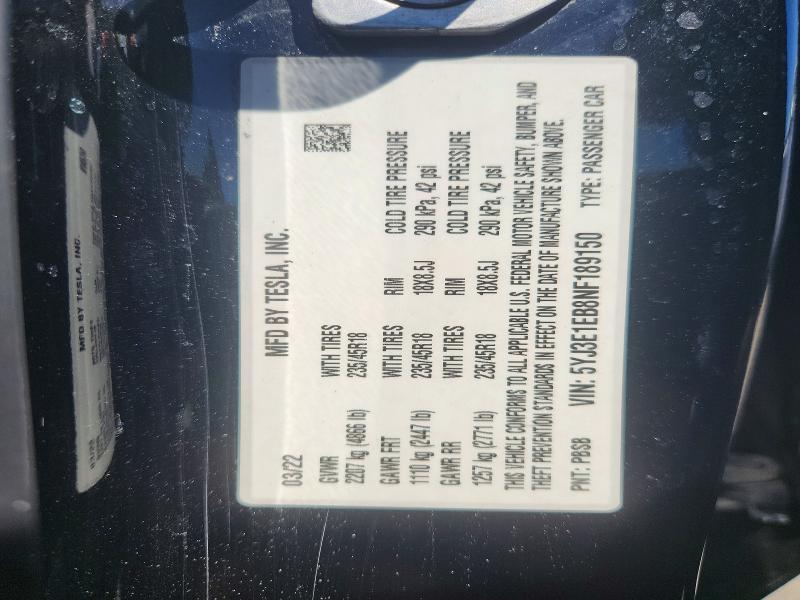 51106666 :رقم المزاد ، 5YJ3E1EB8NF189150 vin ، 2022 Tesla Model 3 مزاد بيع