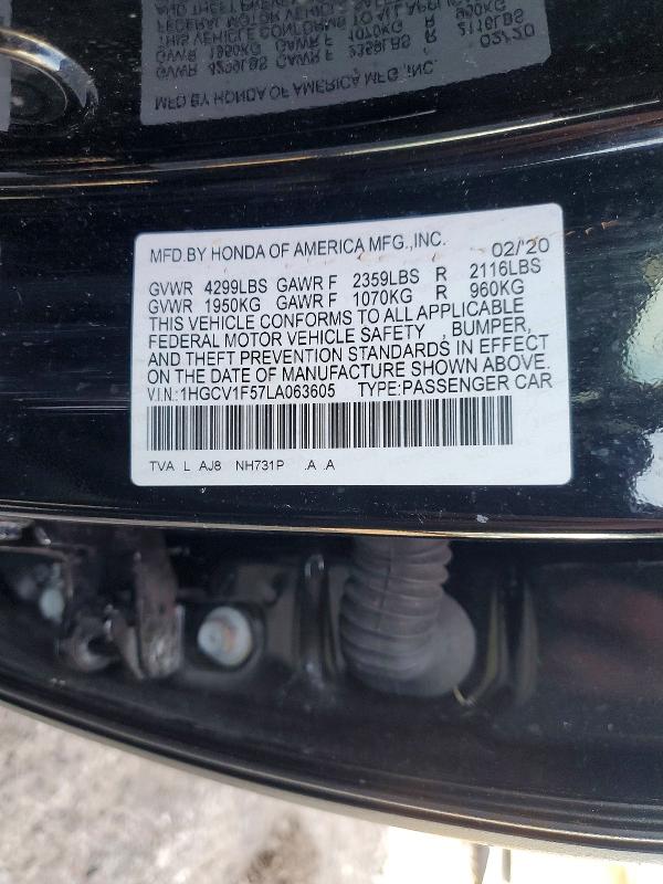 49085206 :رقم المزاد ، 1HGCV1F57LA063605 vin ، 2020 Honda Accord مزاد بيع
