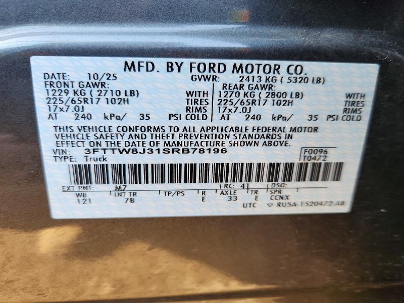 2025 Ford Maverick მანქანა იყიდება აუქციონზე, vin: 3FTTW8J31SRB78196, აუქციონის ნომერი: 50177326