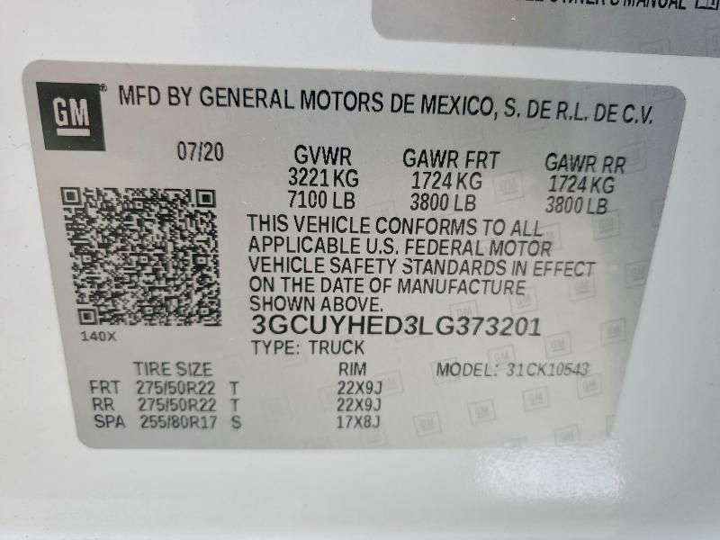 48281326 :رقم المزاد ، 3GCUYHED3LG373201 vin ، 2020 Chevrolet Silverado مزاد بيع