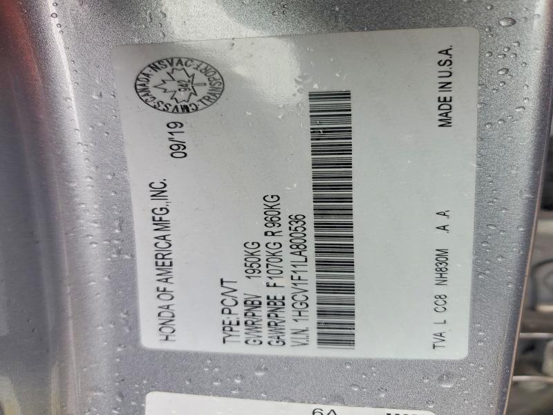 49182846 :رقم المزاد ، 1HGCV1F11LA800536 vin ، 2020 Honda Accord مزاد بيع